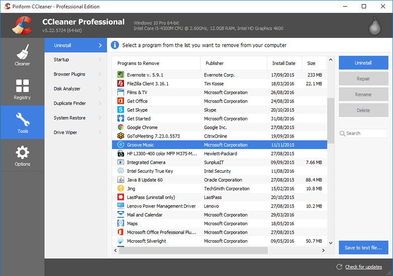 CCleaner Windows registry cleaner